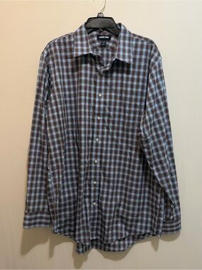 Lands' End Men's Brown and Blue Plaid Button-Down Shirt